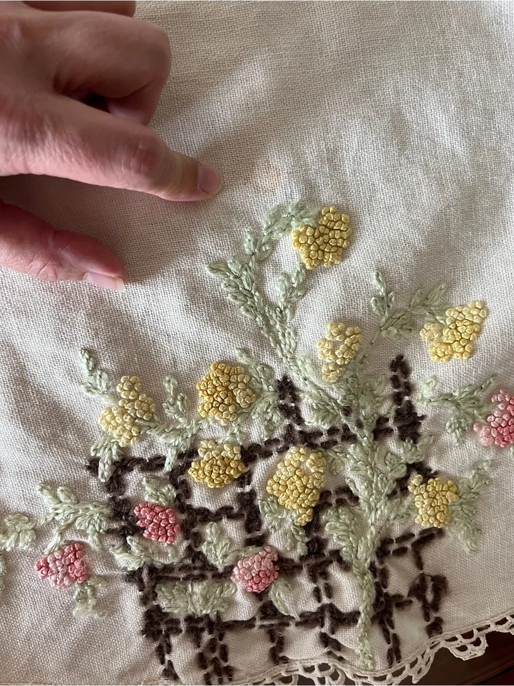 Vintage Hand Embroidered Crochet Table Dresser Round Flower Doily Tablecloth 31”